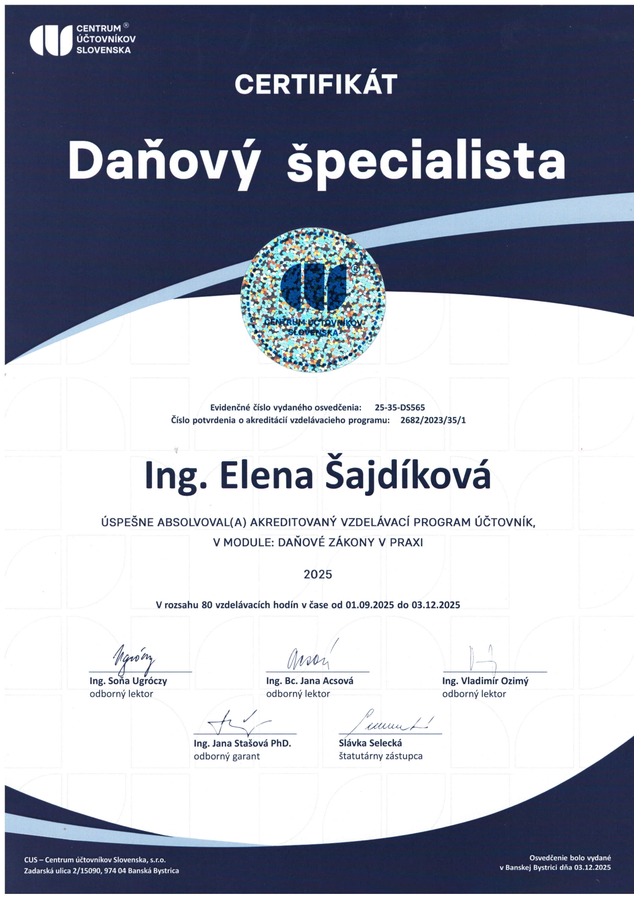 Náhľad certifikátu Daňový špecialista